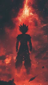 Silhouetted warrior in eruptive red nebula of fire and ash