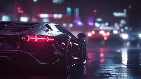 Supercar rear view on wet neon city street at night.