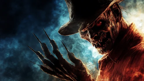 Clawed nightmare cowboy grins through swirling hell-smoke