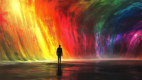 Silhouetted figure stands before towering cascading color waves