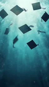 Graduation caps drift upward through luminous teal water.