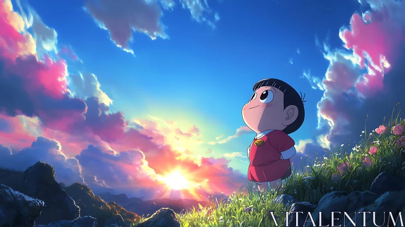 Anime sunrise vista with character on floral hillside composition.