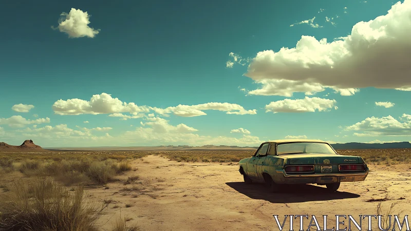 Sun-bleached sedan abandoned on vast desert track.