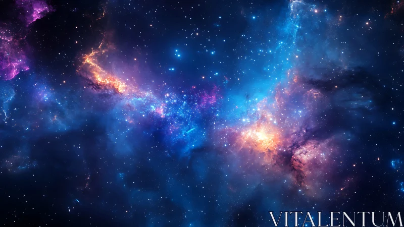 Vibrant galactic nebula glows in swirling cosmic blues.