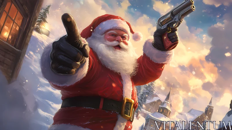 Santa Claus strikes a bold pose in a snowy village street.