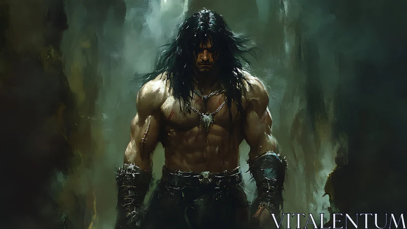 Storm-scarred barbarian strides from the shadows of war.