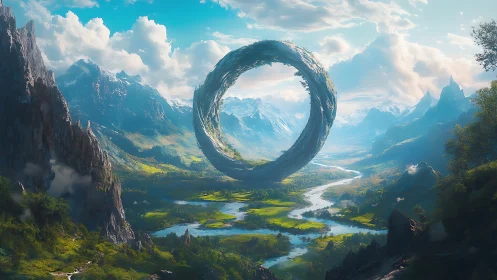 Levitating stone torus above alpine valley river system