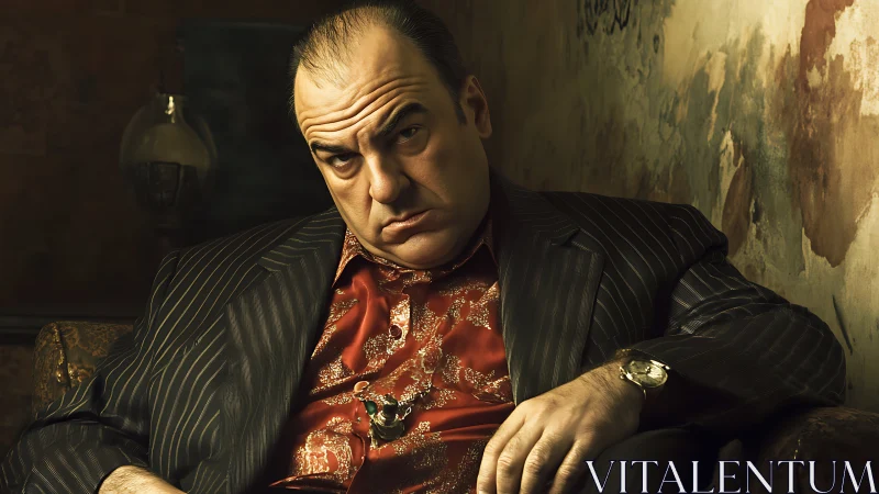 Brooding middle aged man slouches in dim vintage room