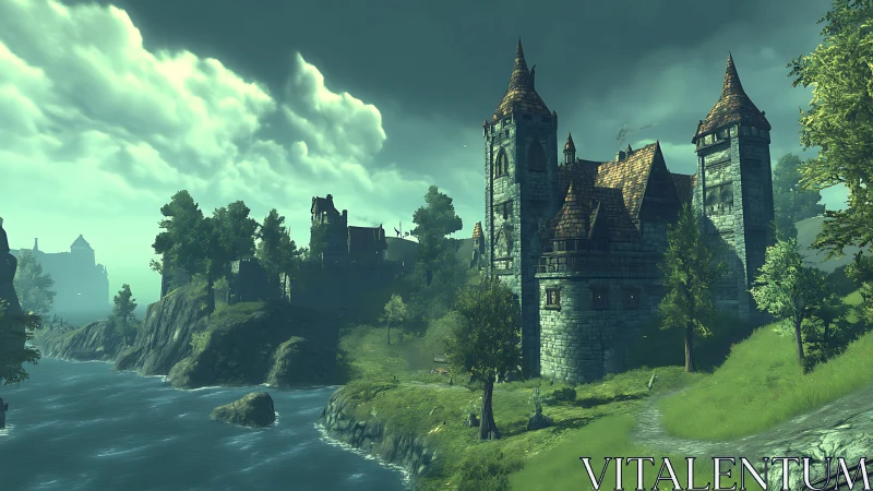 Medieval riverside fortress under storm-lit teal skies.