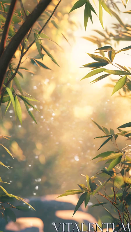 Sunlit bamboo whispers in a dreamy golden forest veil.