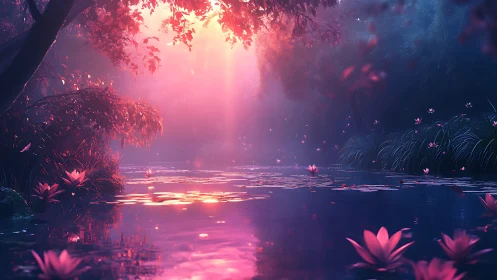 Sunlit lotus pond reflects vivid pink and purple forest light