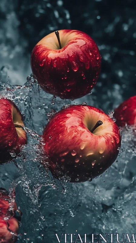 Red apples suspended in splashing water on dark background.