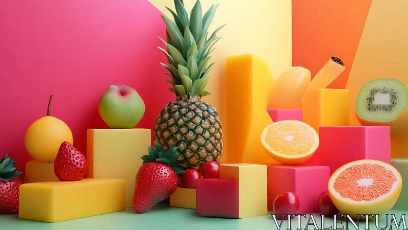 Vibrant tropical fruits rest on glossy geometric blocks