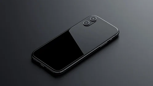 Dual-camera smartphone on dark surface in isometric perspective.