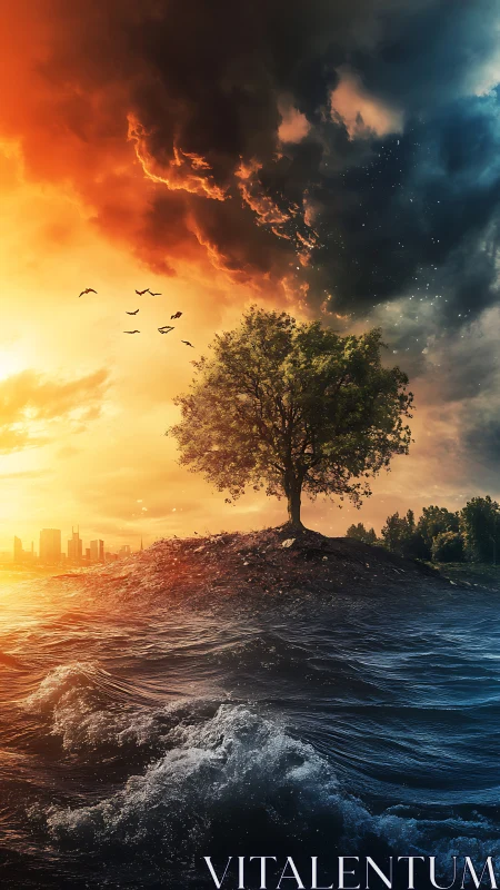 Solitary Tree: Duality Between Fire and Ocean.