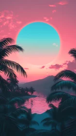 Dreamy neon sunset over calm tropical island lagoon.