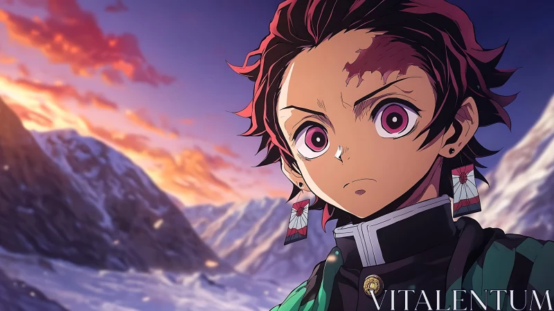 Anime swordsman in snowy mountains at vivid sunset.