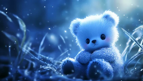 Luminous blue teddy bear in cinematic shallow-focus digital art.