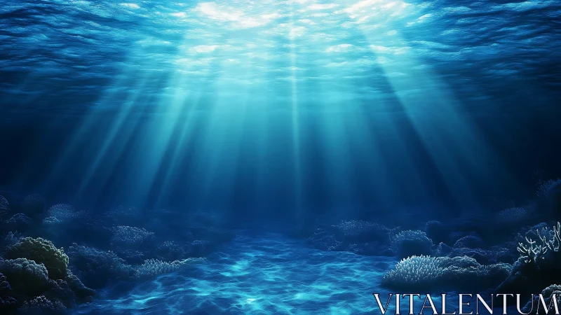 Subsurface ocean scene with volumetric god rays over coral floor