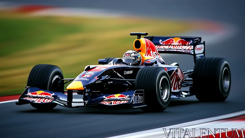 Red Bull rocket car storms a blurred racetrack horizon.