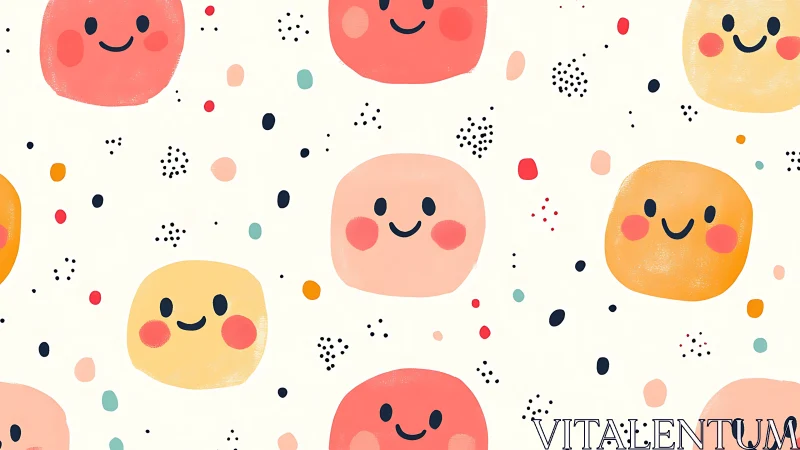 Playful pastel smiley pattern with floating confetti dots.