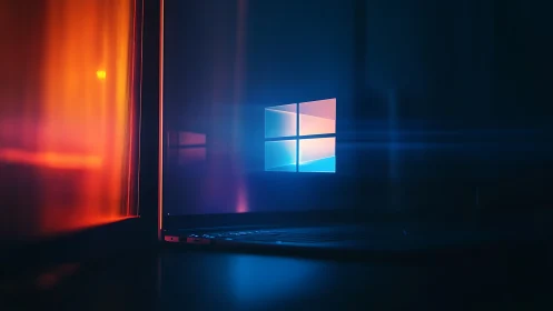 Neon-lit laptop portal glows with futuristic Windows aura.