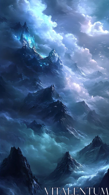 Frozen storm peaks under swirling celestial clouds.