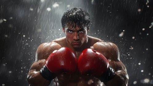 Pugilistic Portrait: Muscular Boxer in Red Gloves Amid Rainfall.