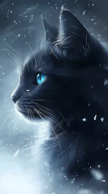 Black Cat with Piercing Blue Eyes in Snowstorm.