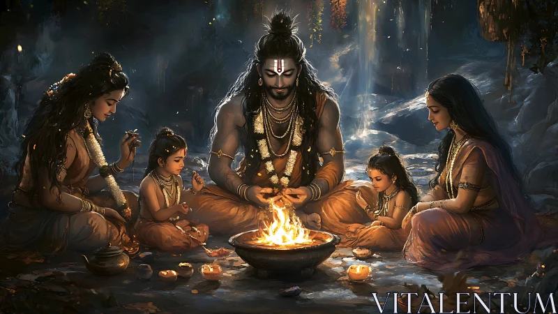 Ritual firelit tableau of divine family in cavernous sanctum.