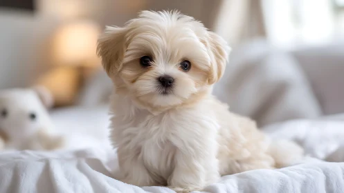 Fluffy moonlit puppy perched on cloud-soft bedroom bed.
