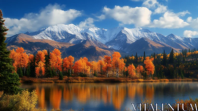 Mountain range with autumn forest reflected in lake surface.