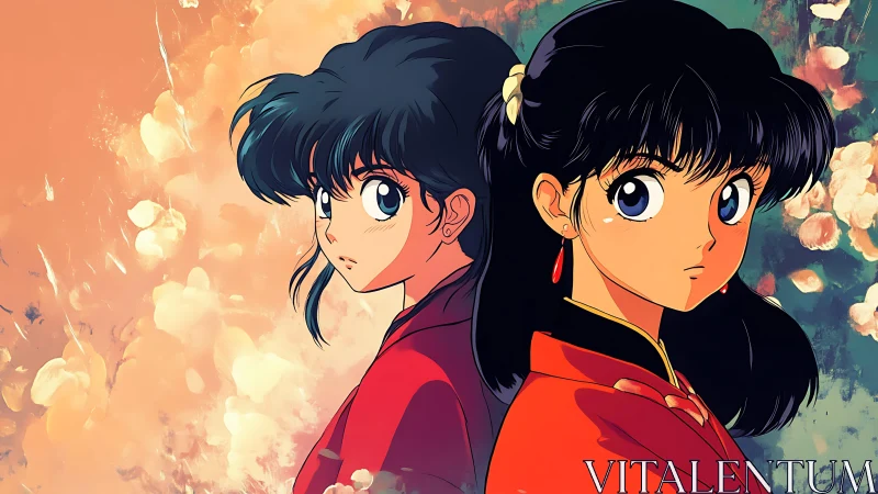 Anime twins stand back to back amid soft floral glow.