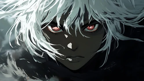 Storm-eyed wanderer framed in icy hair and fierce shadows.