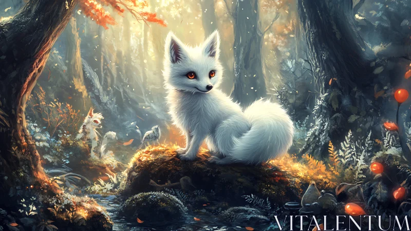 Luminous white fox resting in enchanted autumn forest glade.