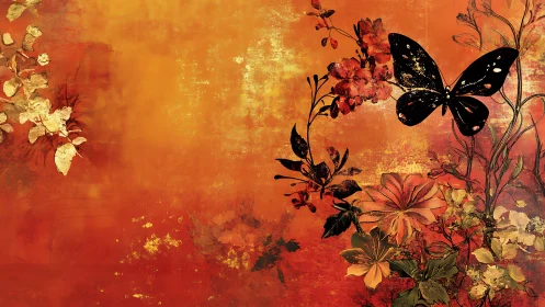 Burnt sienna floral collage with silhouetted butterfly form.