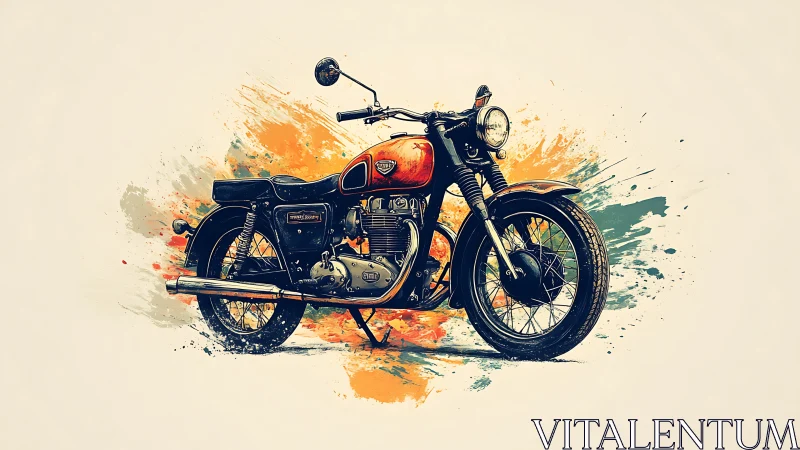 Vintage parallel-twin motorcycle amid dynamic color splashes.