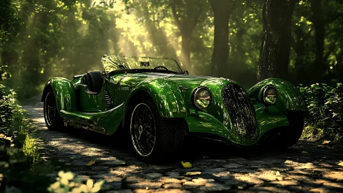 Sunlit green vintage roadster pauses on a quiet forest lane