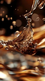 Metallic fluid splash forms sculptural ribbons in warm bokeh