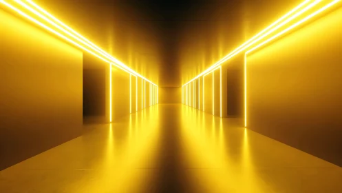 Golden neon corridor stretches into a glowing vanishing point