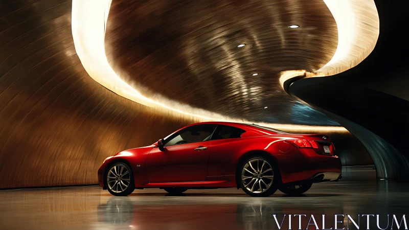 Aerodynamic red coupe under parametric metallic light tunnel.