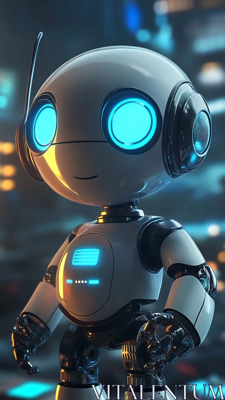 Friendly futuristic robot glows softly in a neon cityscape