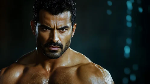 Storm-eyed warrior under neon drizzle, carved in resolve.