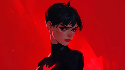 Dark-haired vigilante stands against intense crimson glow