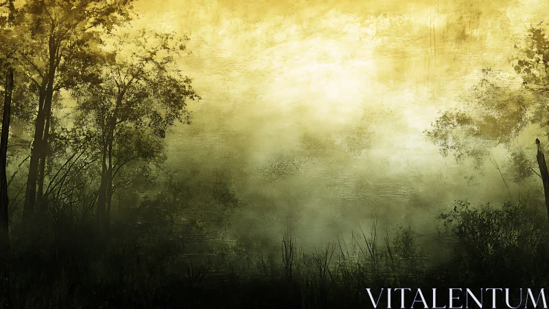 Tree silhouettes in mist against diffuse yellow sky.