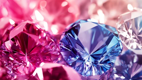 Radiant pink and blue gemstones sparkle in soft bokeh light.