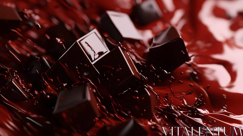 Dark Chocolate Cubes Splashing in Rich Liquid, Hyperrealistic Art.