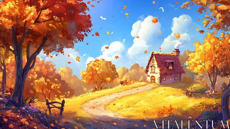 Autumn cottage beside winding sunlit country path.