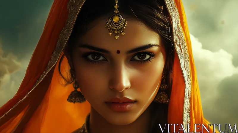 Portrait of woman in orange veil with traditional jewelry.