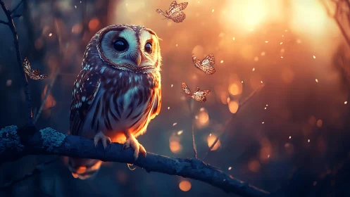 Enchanted owl on branch with glowing butterflies, dreamy sunset style.